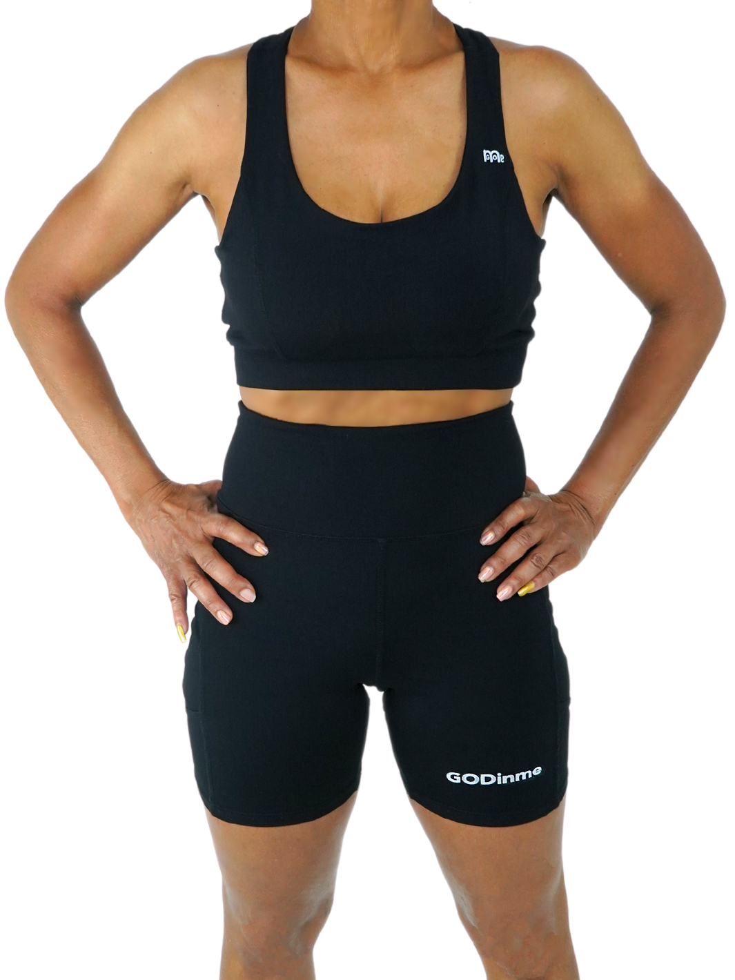 High waist ab support, Bermuda length, Biker shorts, Black color with GODinme brand name printed on left leg