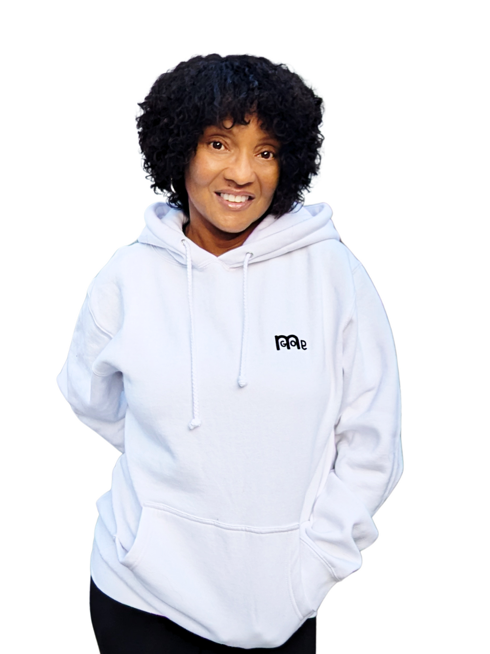 White Pullover Hoodie with Black embroidered GODinme logo at left chest.