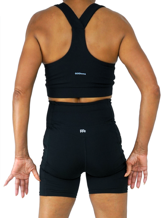High waist ab support, Bermuda length, Biker shorts, Black color with GODinme logo on lower back.