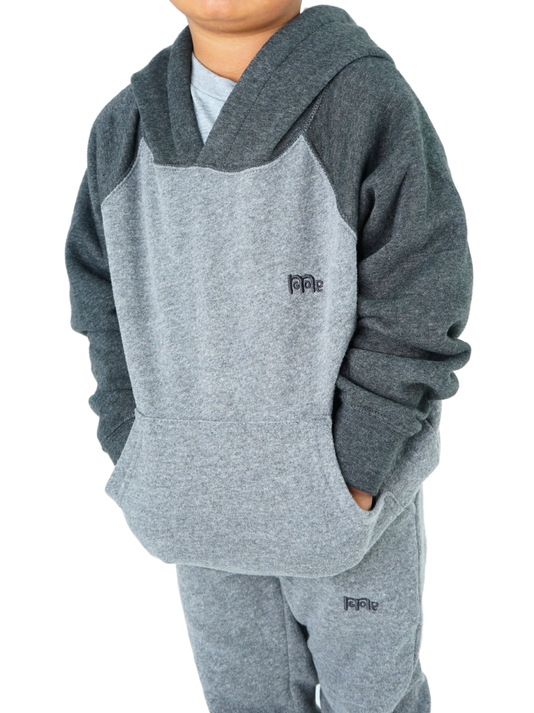 Toddler Light Grey Pullover Hoodie with Dark Grey Hood and Raglan sleeves and Dark Grey GODinme logo at left chest