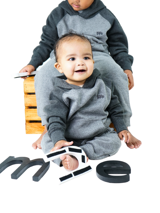Toddler Light Grey Pullover Hoodie with Dark Grey Hood and raglan sleeves and Dark Grey GODinme logo at left chest