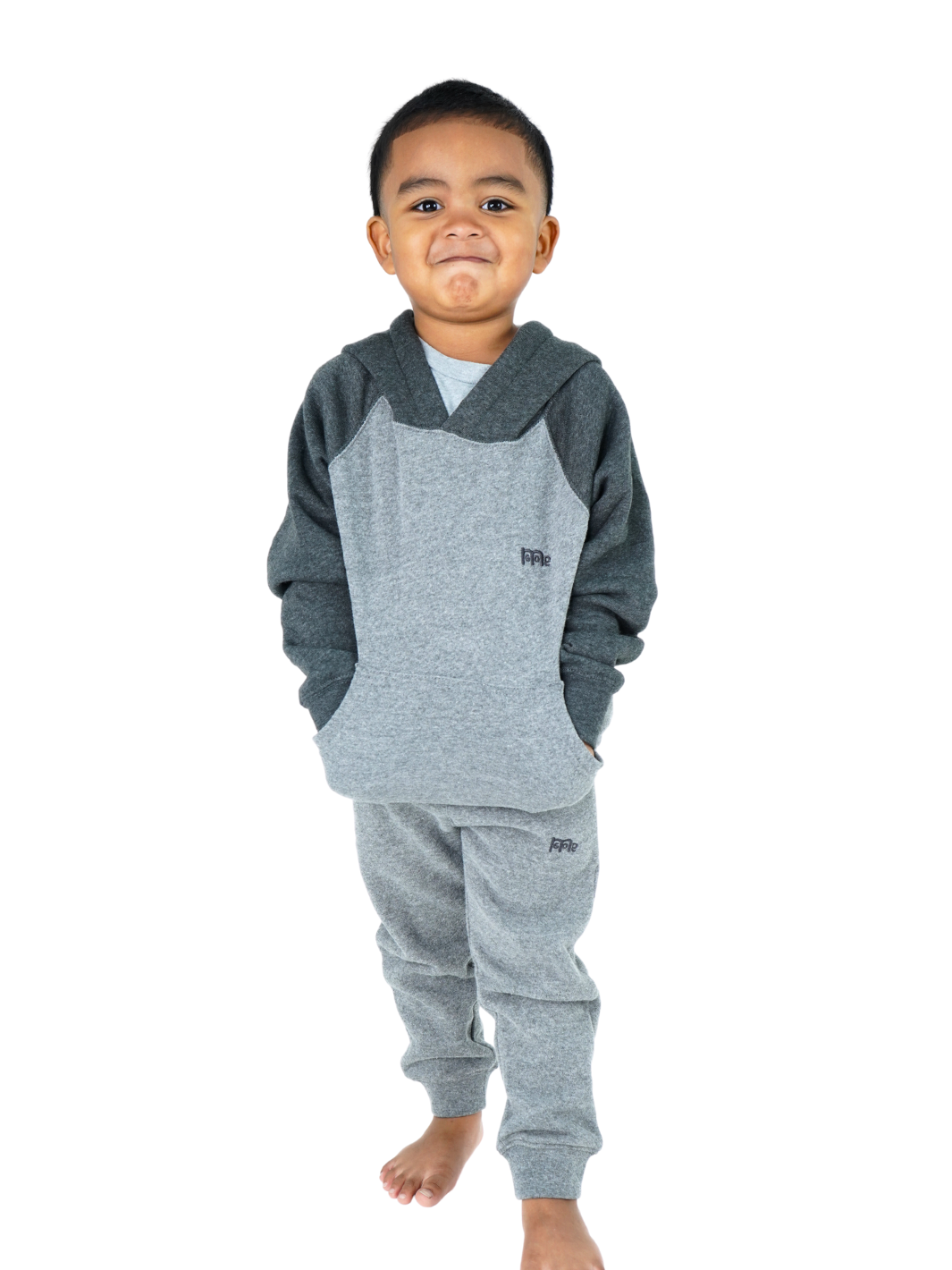 Toddler Light Grey Pullover Hoodie with raglan sleeves and Dark Grey GODinme logo at left chest