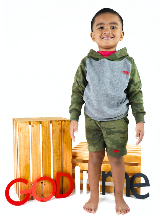Toddler Grey Pullover Hoodie with Green Camouflage Hood and raglan Sleeves, ROMANS 12 : 21 embroidered in Red on hood and GODinme logo embroidered in Red at left chest.