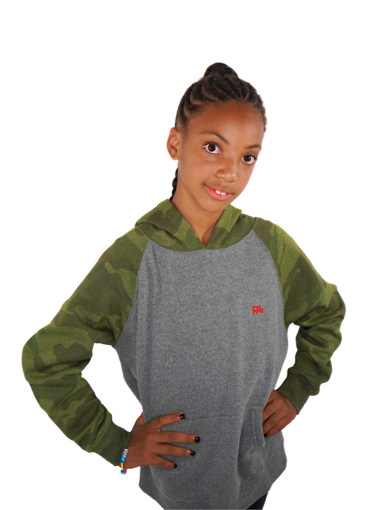 Youth Pullover Hoodie light Grey body with Green Camouflage hood and sleeves. Red logo at left chest and Romans 12 : 21 on hood. Sizes 6 to 16