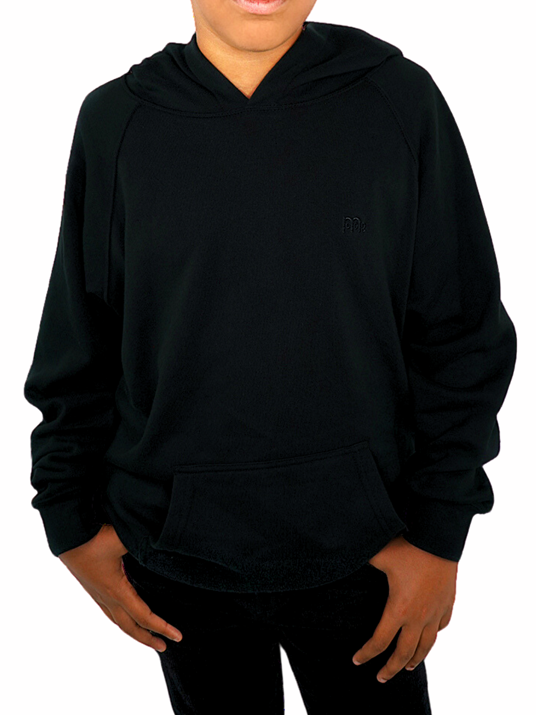 Youth Pullover Hoodie Black with Black logo at left chest. Sizes 6 to 16