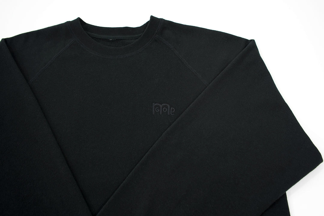 GODinme Crewneck Sweater; luxurious comfort, Black with Black raglan sleeves and embroidered GODinme logo at left chest