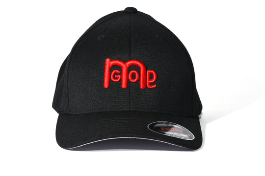 Smooth and sleek Black 6 panel Fitted Hat has curved Silver under visor with puff style GODinme logo embroidered in Red on front and flat style GODinme name embroidered on back.