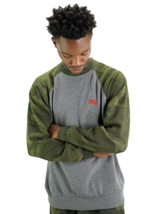 GODinme Crewneck Sweater; luxurious comfort, Grey with Green Camouflage raglan sleeves and embroidered GODinme logo at left cheft