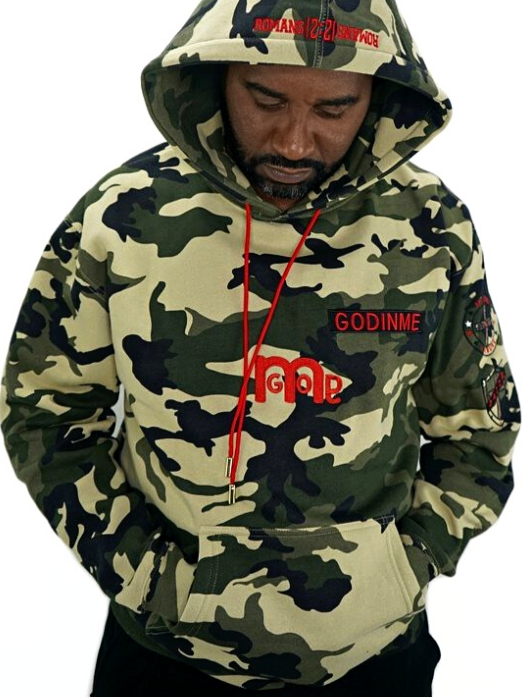 Righteousness hoodie, big bold red logo mid chest,  army camouflage fabric design, embroidered patches on sleeves  