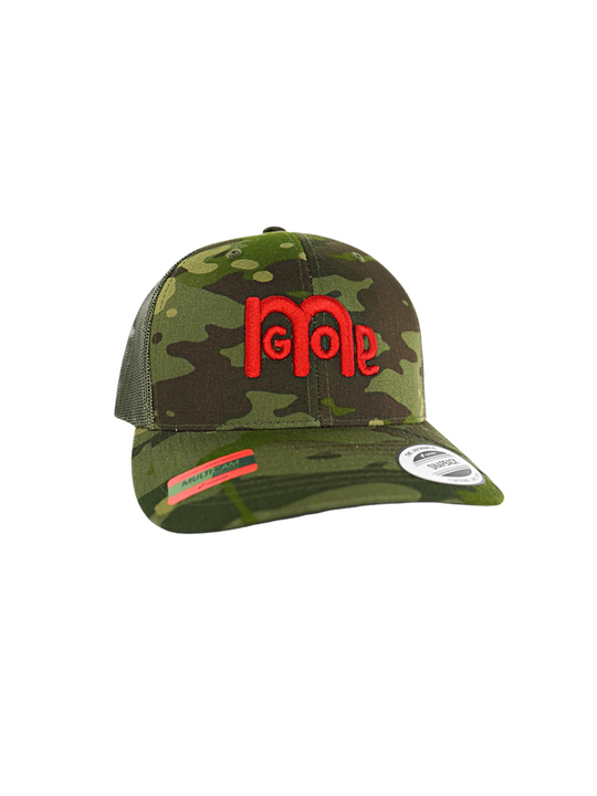 Green camouflage design, premium mesh backing, curved visor, Red puff logo on front, Red GODinme on left side, and matching snapback closure. 