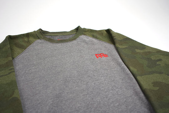 GODinme Crewneck Sweater; luxurious comfort, Grey with Green Camouflage raglan sleeves and embroidered Red GODinme logo at left chest.