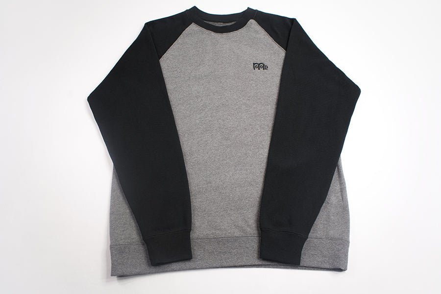GODinme Crewneck Sweater; luxurious comfort, Grey with Black raglan sleeves and embroidered GODinme logo at left chest