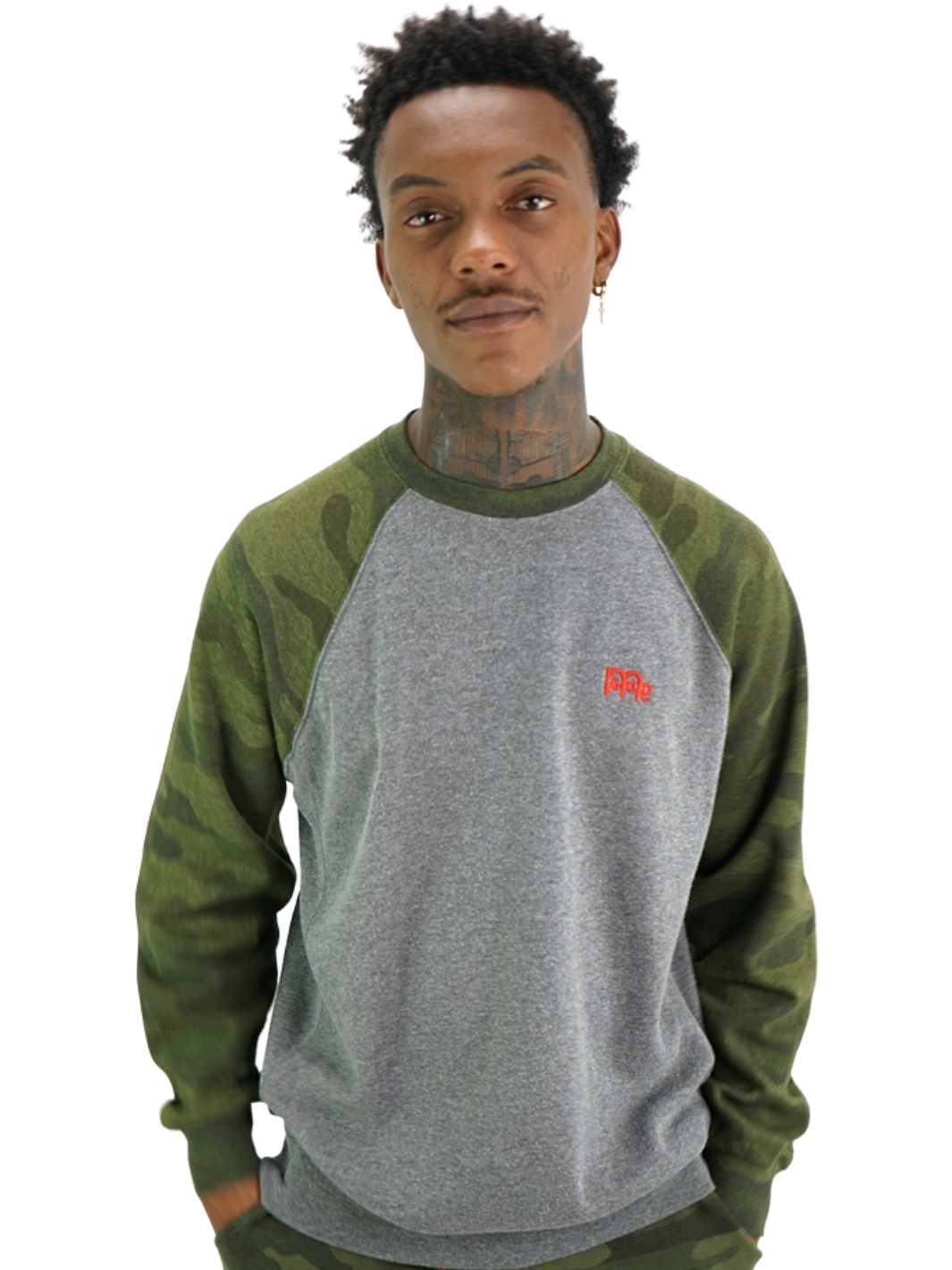 GODinme Crewneck Sweater; luxurious comfort, Grey with Green Camouflage raglan sleeves and embroidered GODinme logo at left chest