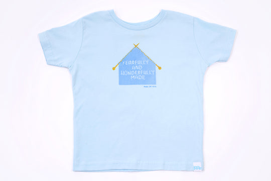 Blue Toddler T-Shirt with "Fearfully and Wonderfully Made" printed on front and woven GODinme logo tag sewn at bottom left