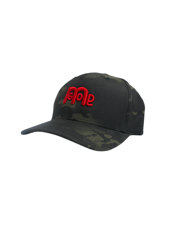 Black camouflage fitted baseball design with classic curved visor, puff Red logo on front, and flat Godinme on left side of hat.