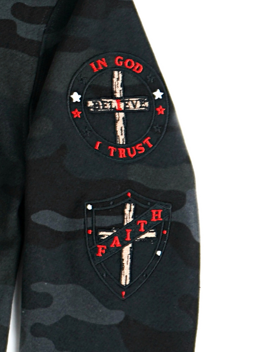 From our Romans 12:21 Collection, featuring RED GODinme nameplate, large Red GODinme logo mid chest, powerful Romans 12:21 message on hood, fashionable RED drawcord, stylish Black camouflage design, and two 3 x 3 Patches to represent Righteousness of Faith in GOD You Trust!