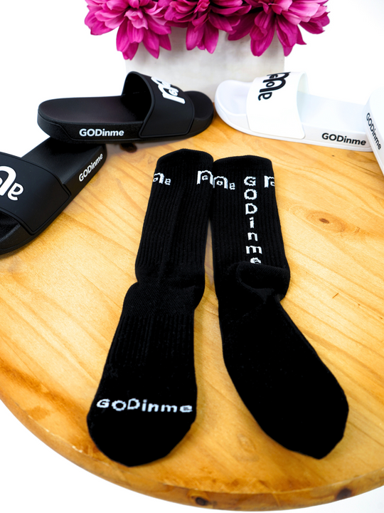 High quality Women's Black Athletic Socks are comfortable yet durable; featuring the empowering GODinme logo on each side, and GODinme name at toes and back achilles area to give you the confidence and motivation to reach your fitness goals.