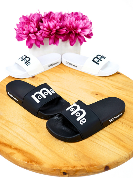 Women's GODinme Slides feature an embossed GODinme logo on front and signature GODinme on the outside heels.