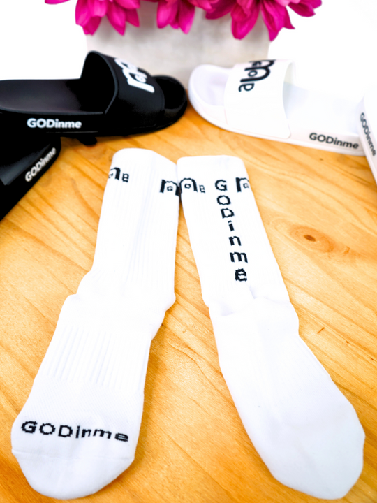 High quality Women's White  Athletic Socks are comfortable yet durable; featuring the empowering GODinme logo on each side, and GODinme name at toes and back achilles area to give you the confidence and motivation to reach your fitness goals.