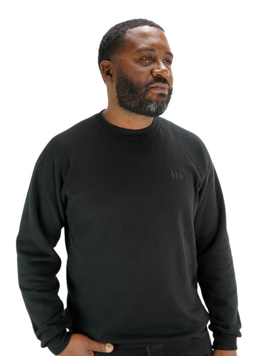 GODinme Crewneck Sweater; luxurious comfort, Black with raglan sleeves and embroidered GODinme logo at left chest
