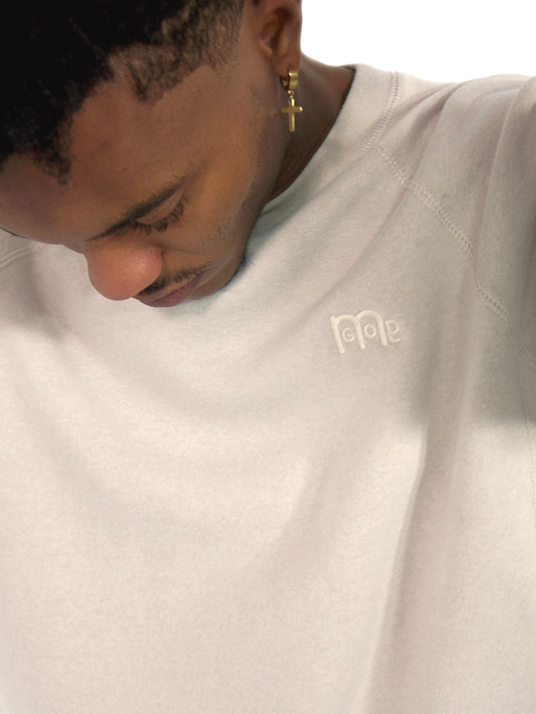 GODinme Crewneck Sweater; luxurious comfort, Beige with raglan sleeves and embroidered GODinme logo at left chest