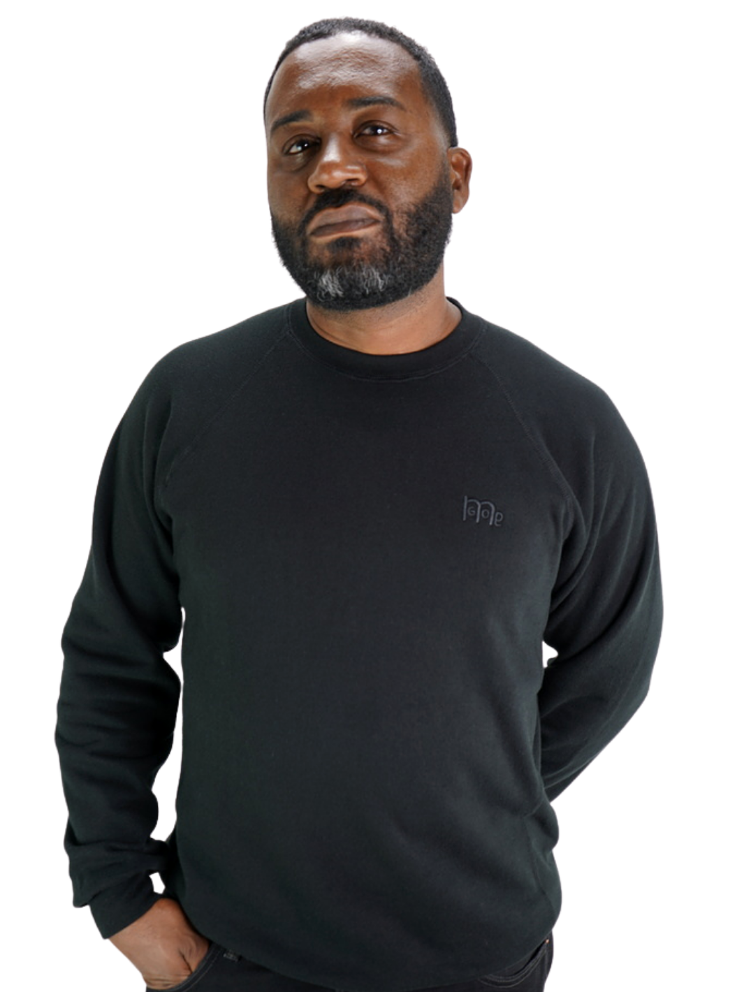 GODinme Crewneck Sweater; luxurious comfort, Black with raglan sleeves and embroidered GODinme logo at left chest