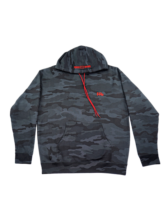 Black Camouflage Pullover Hoodie with Red drawcord, embroidered GODinme logo at left chest and ROMANS 12 : 21 on hood: Both embroideries are in Red.