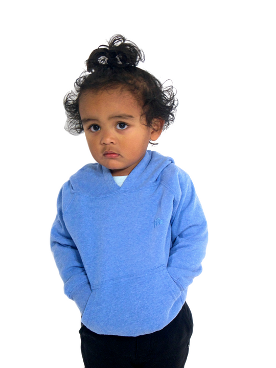 Toddler Blue Pullover Hoodie with raglan sleeves and Blue GODinme logo at left chest
