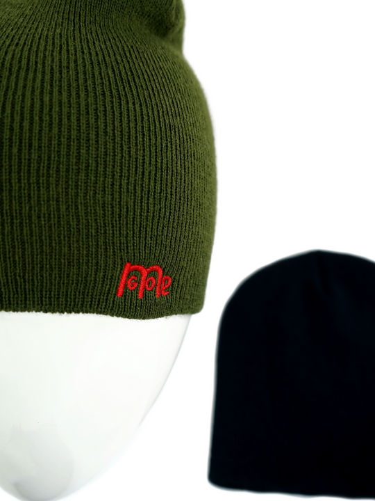 Olive Green Skull Cap Beenie made of 100% silky soft acrylic with Red GODinme logo embroidery.