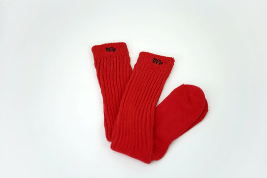 Red slouch socks with Black GODinme logo