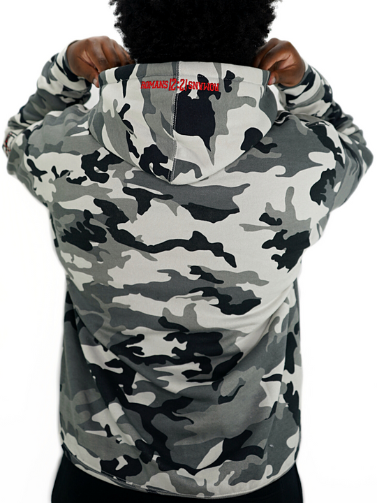 Righteousness hoodie, big bold red logo mid chest,  snow camouflage designed fabric, embroidered patches on sleeves  