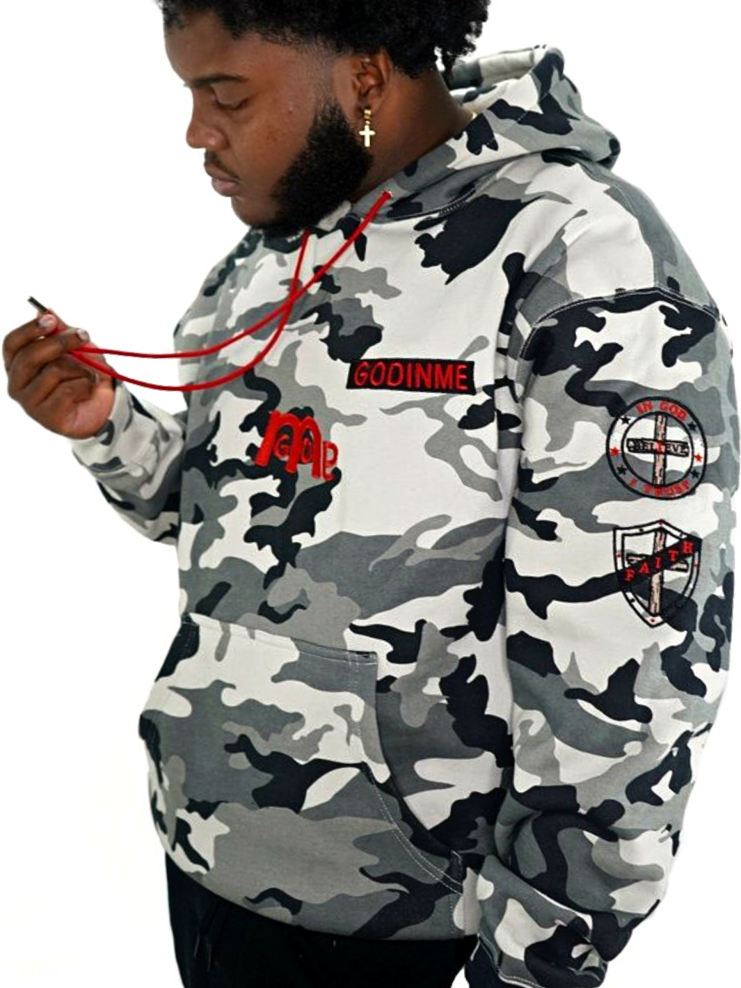 Godinme Righteousness hoodie, big bold red logo mid chest,  snow camouflage fabric design, embroidered patches on sleeves  