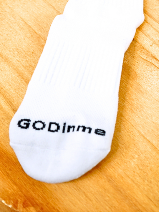 High quality Women's White Athletic Socks are comfortable yet durable; featuring the empowering GODinme logo on each side, and GODinme name at toes and back achilles area to give you the confidence and motivation to reach your fitness goals.