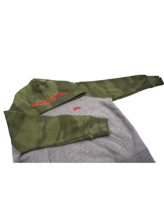 Toddler Grey Pullover Hoodie with Green Camouflage Hood and Sleeves, ROMANS 12 : 21 embroidered in Red on hood and GODinme logo embroidered in Red at left chest.