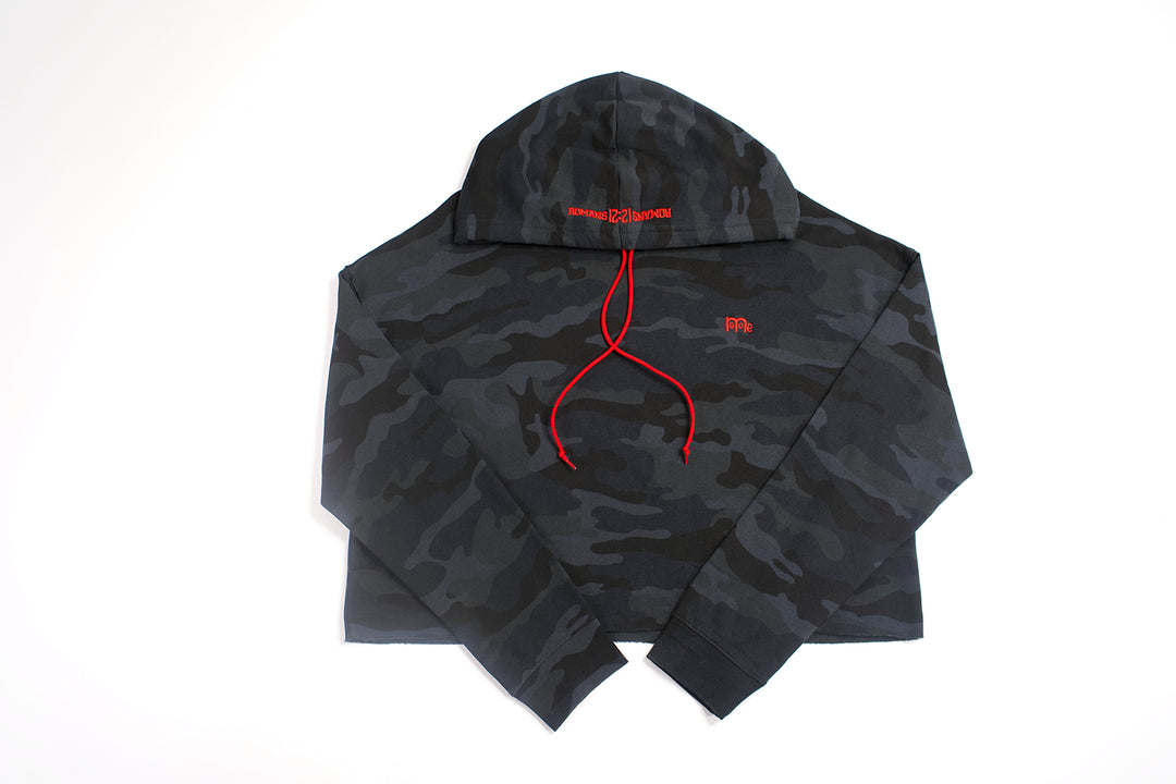 This Black Camo GODinme Crop Top Hoodie is made with the softest fabrics and offers a generous fit for maximum comfort. The iconic GODinme Logo embroidered in Red at left chest establishes your faith with fashion.