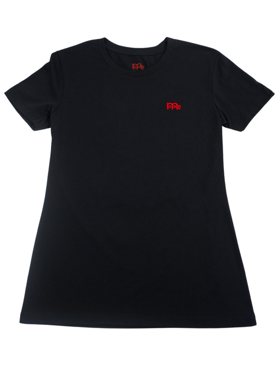 Women's Black GODinme T-Shirt: Super soft, lightweight with feminine curve design, and Red GODinme logo at left chest.