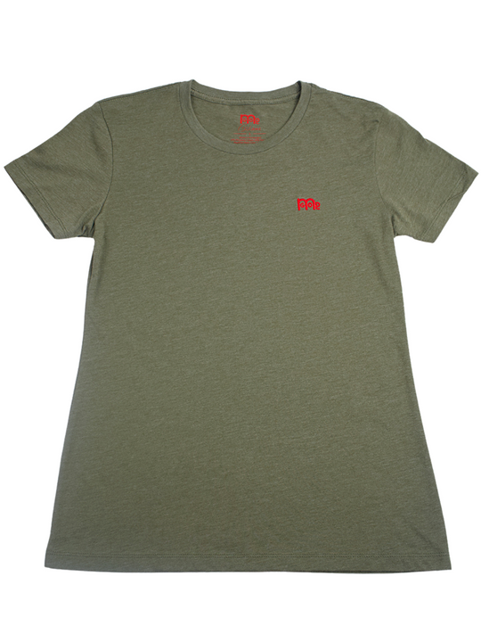 Women's Olive Green  GODinme T-Shirt: Super soft, lightweight with feminine curve design, and Red GODinme logo at left chest.