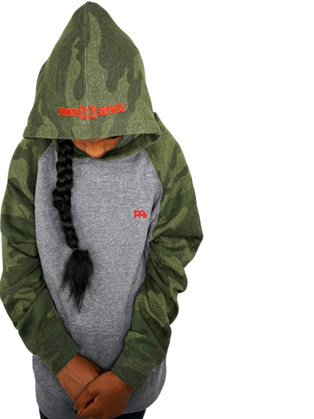 Youth Hoodie light Grey body with Green Camouflage hood and sleeves. Red logo at left chest and Romans 12 : 21 on hood. Sizes 6 to 16