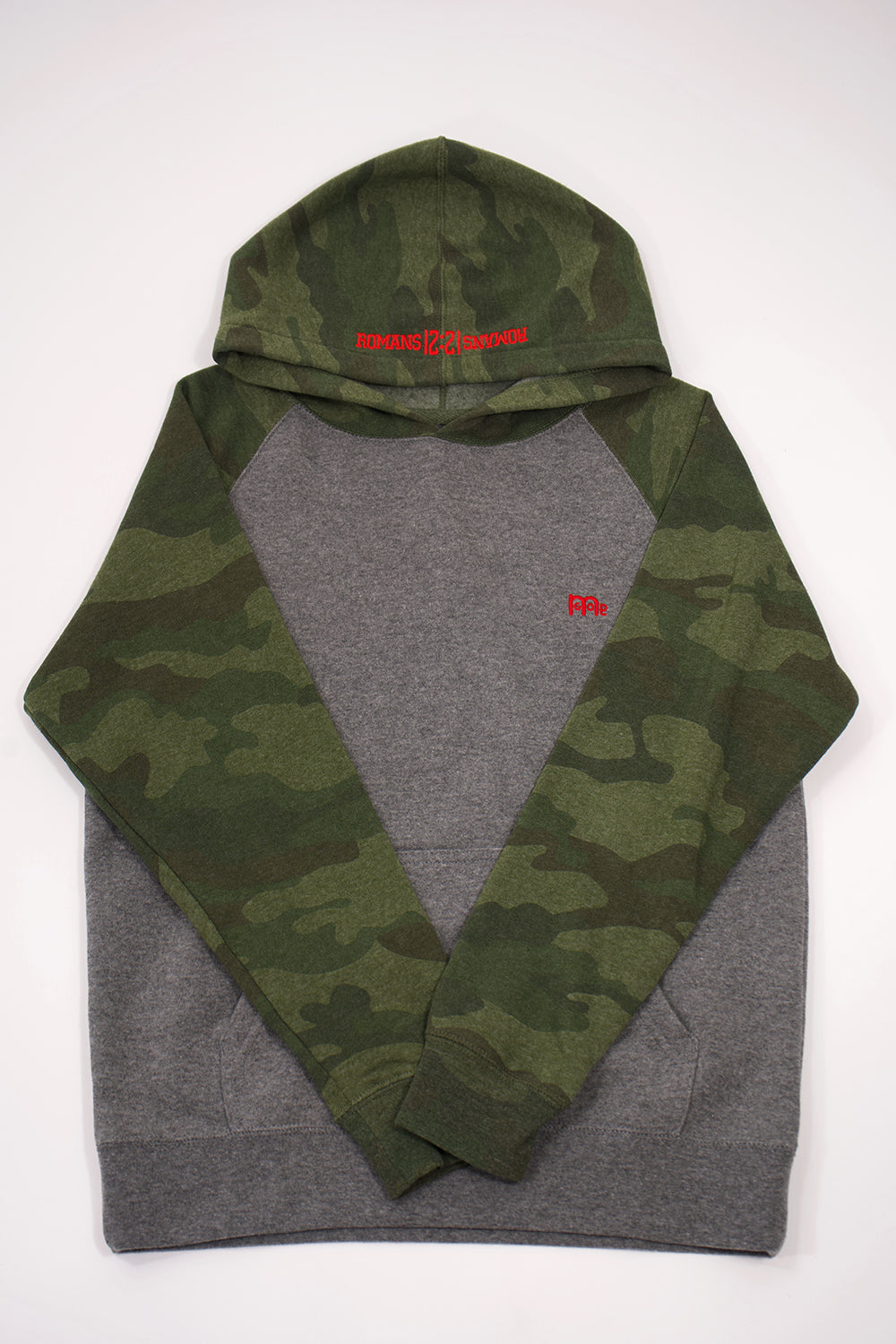 Youth Hoodie light Grey body with Green Camouflage hood and sleeves. Red logo at left chest and Romans 12 : 21 on hood. Sizes 6 to 16