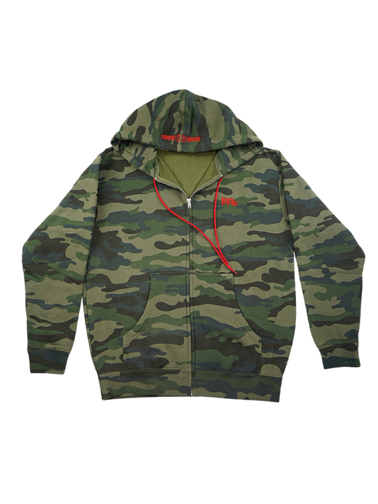 Green Camouflage Full Zip Hoodie with Red drawcord, embroidered GODinme logo at left chest and ROMANS 12 : 21 on hood. Both embroideries are in Red.